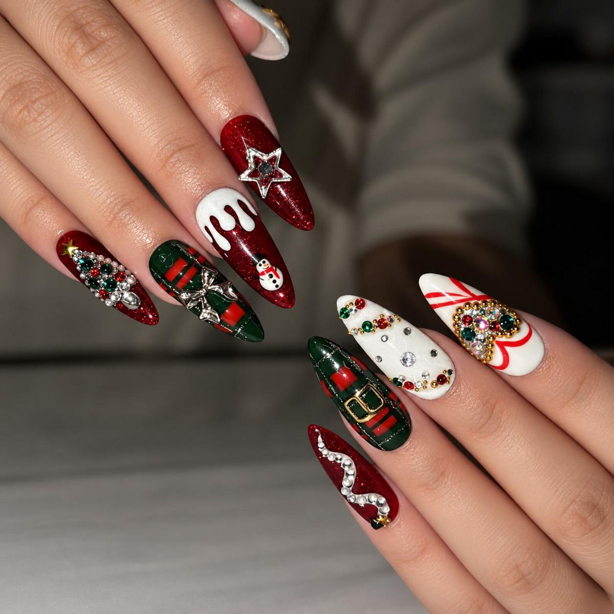Christmas Winter Press On Nails, 3D Holiday Nail Art, Burgundy Plaid, Snowman, Gingerbread, Long Almond | OB716XT