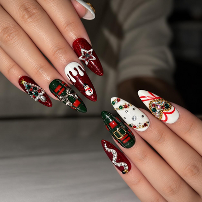 Christmas Winter Press On Nails, 3D Holiday Nail Art, Burgundy Plaid, Snowman, Gingerbread, Long Almond | OB716XT