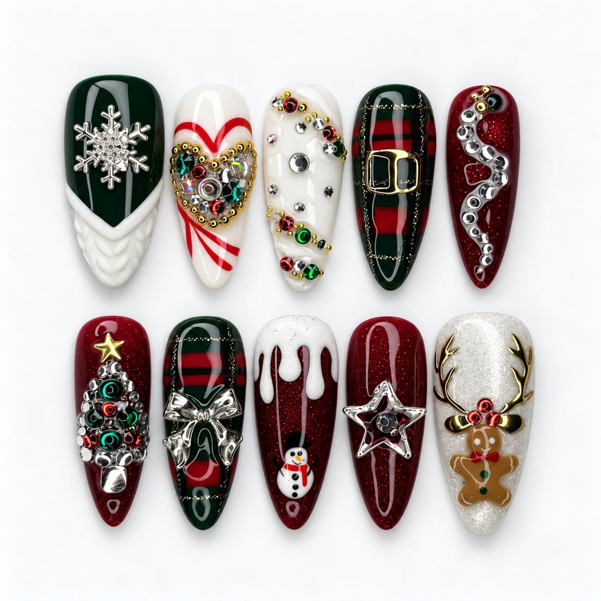 Christmas Winter Press On Nails, 3D Holiday Nail Art, Burgundy Plaid, Snowman, Gingerbread, Long Almond | OB716XT