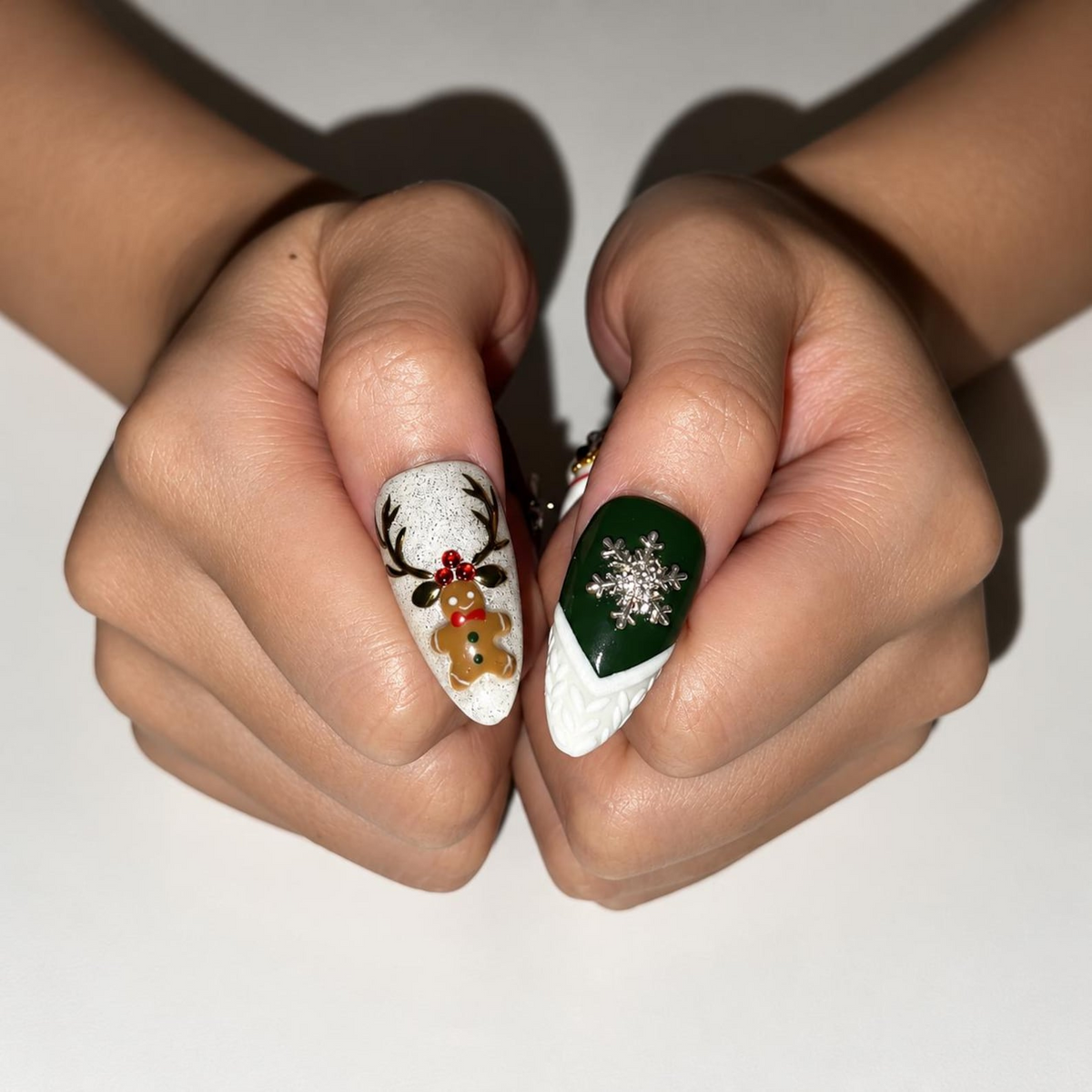 Christmas Winter Press On Nails, 3D Holiday Nail Art, Burgundy Plaid, Snowman, Gingerbread, Long Almond | OB716XT