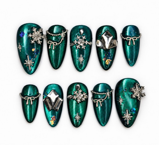 Christmas Winter Press On Nails, Teal Cat Eye Long Almond Nails, 3D Snowflake Silver Charms, Handmade Holiday Nail Art, Gift for Her|OB706XA
