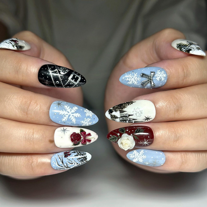 Christmas Winter Press On Nails, Snowflake Nail Art, 3D Roses, Woodland Long Almond Nails | OB722XT