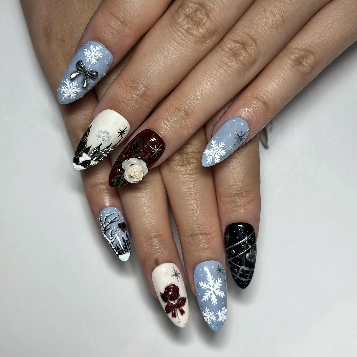 Christmas Winter Press On Nails, Snowflake Nail Art, 3D Roses, Woodland Long Almond Nails | OB722XT