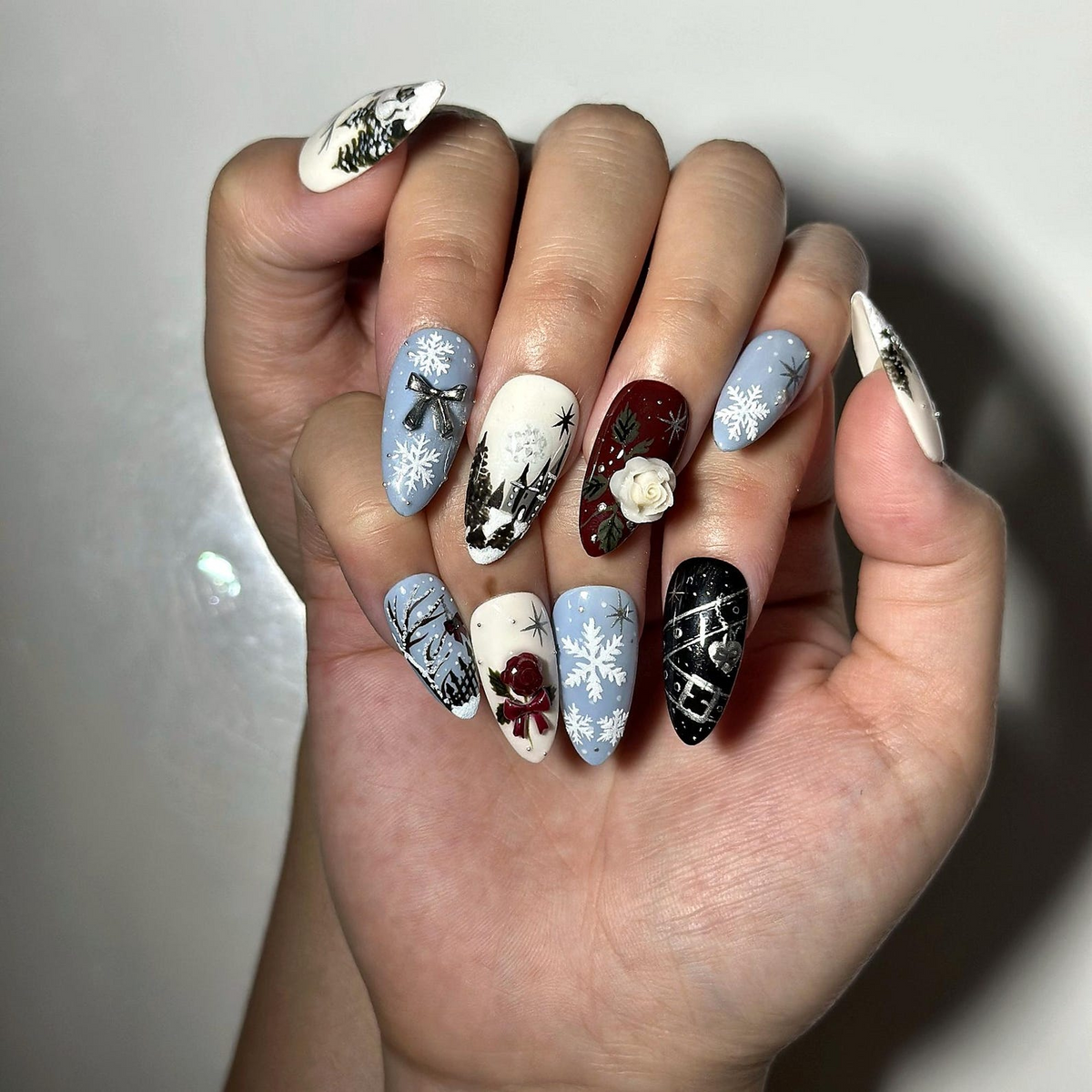 Christmas Winter Press On Nails, Snowflake Nail Art, 3D Roses, Woodland Long Almond Nails | OB722XT