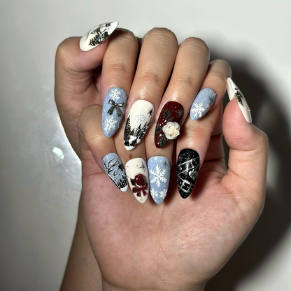 Christmas Winter Press On Nails, Snowflake Nail Art, 3D Roses, Woodland Long Almond Nails | OB722XT