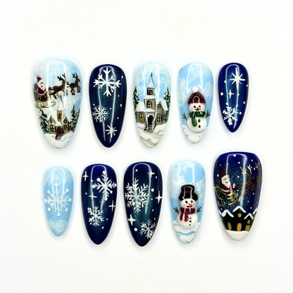 Christmas Winter Wonderland Press On Nails | Hand Painted Snowy Village and Santa Sleigh Art | Blue Snowflake Nails Design | OB715UT