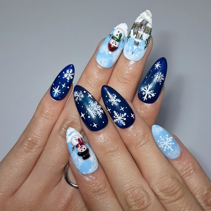 Christmas Winter Wonderland Press On Nails | Hand Painted Snowy Village and Santa Sleigh Art | Blue Snowflake Nails Design | OB715UT