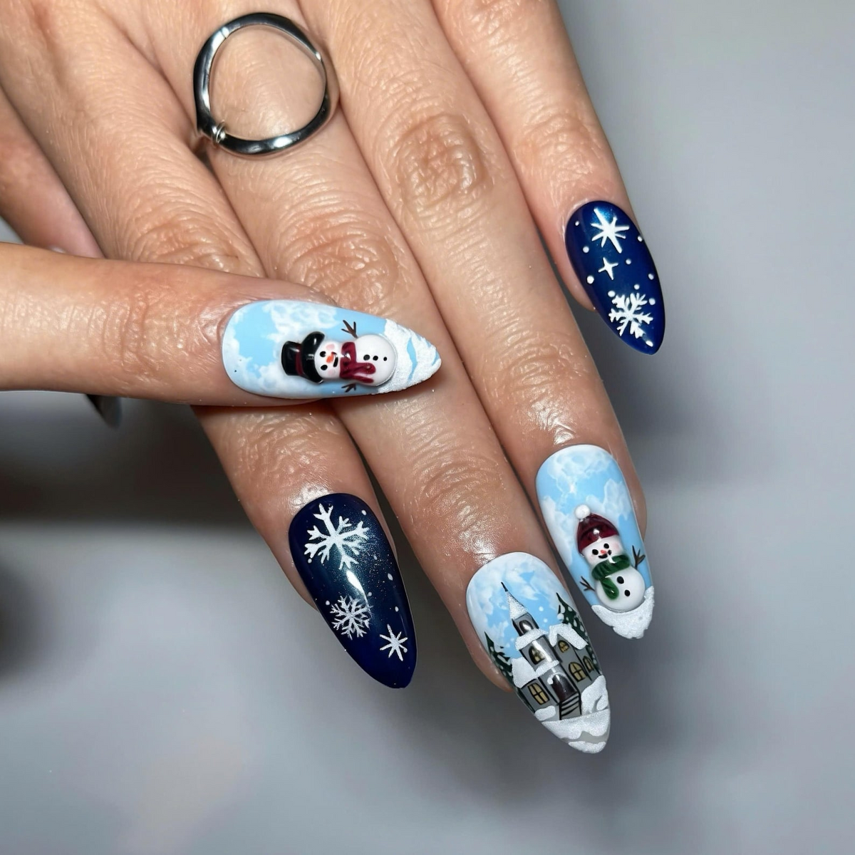 Christmas Winter Wonderland Press On Nails | Hand Painted Snowy Village and Santa Sleigh Art | Blue Snowflake Nails Design | OB715UT