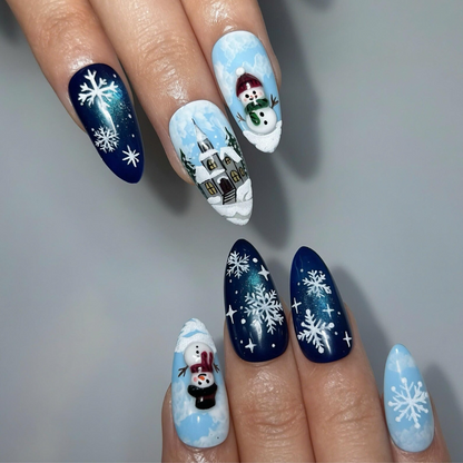 Christmas Winter Wonderland Press On Nails | Hand Painted Snowy Village and Santa Sleigh Art | Blue Snowflake Nails Design | OB715UT