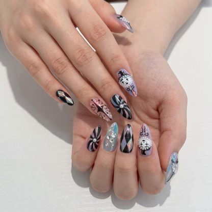 Clown Press On Nails with Vintage Clock, Harlequin Fake Nails in AlmondShape, Handmade Gothic Nail Art for Halloween, Party, Cosplay OB480UC