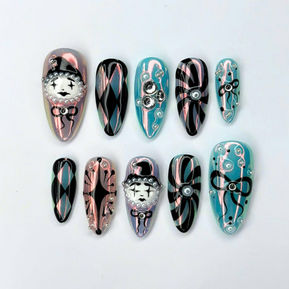 Clown Press On Nails with Vintage Clock, Harlequin Fake Nails in AlmondShape, Handmade Gothic Nail Art for Halloween, Party, Cosplay OB480UC
