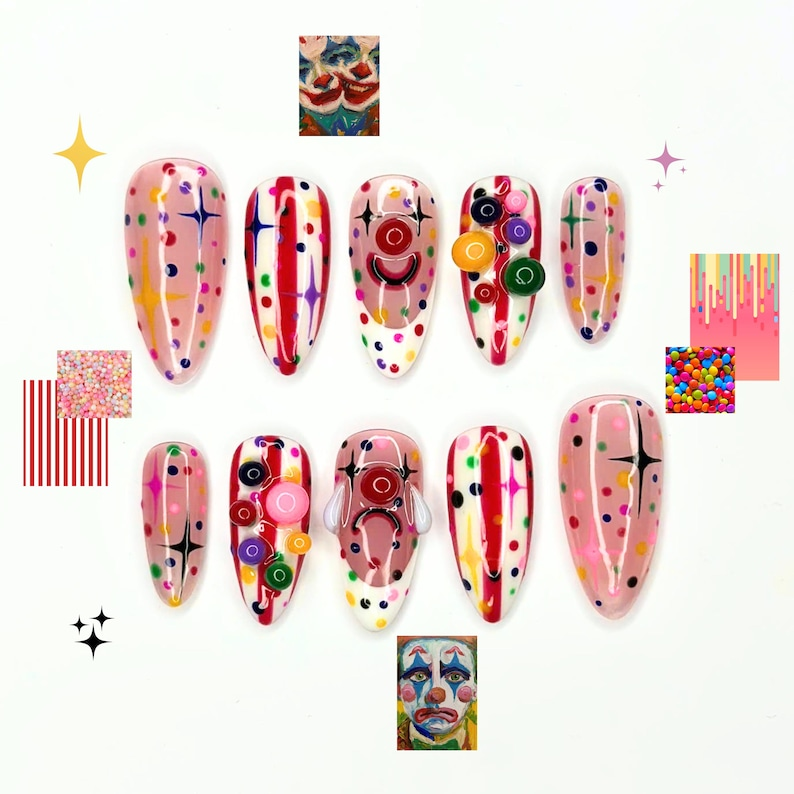 Colorful Clowncore Press On Nails with 3D Candy Charms | Abstract Circus Nail Art | Pink Y2K Drip Design | Long Almond Nails | OB729UC