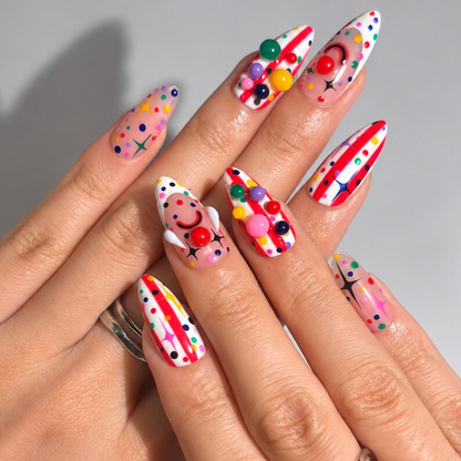 Colorful Clowncore Press On Nails with 3D Candy Charms | Abstract Circus Nail Art | Pink Y2K Drip Design | Long Almond Nails | OB729UC