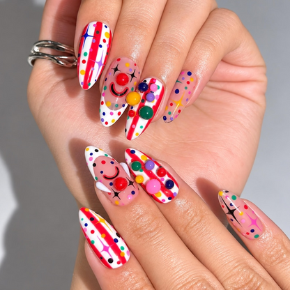Colorful Clowncore Press On Nails with 3D Candy Charms | Abstract Circus Nail Art | Pink Y2K Drip Design | Long Almond Nails | OB729UC