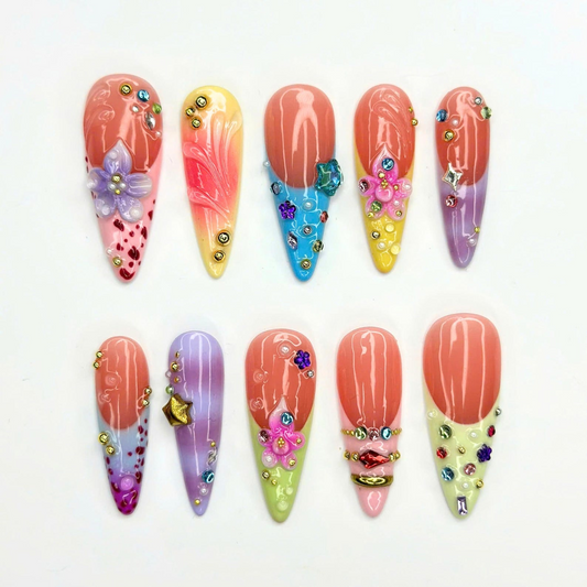 Colorful Press On Nails with 3D Butterflies | Pastel Rhinestone Fairycore Nails | Maximalist Stiletto Nails | OB662UI