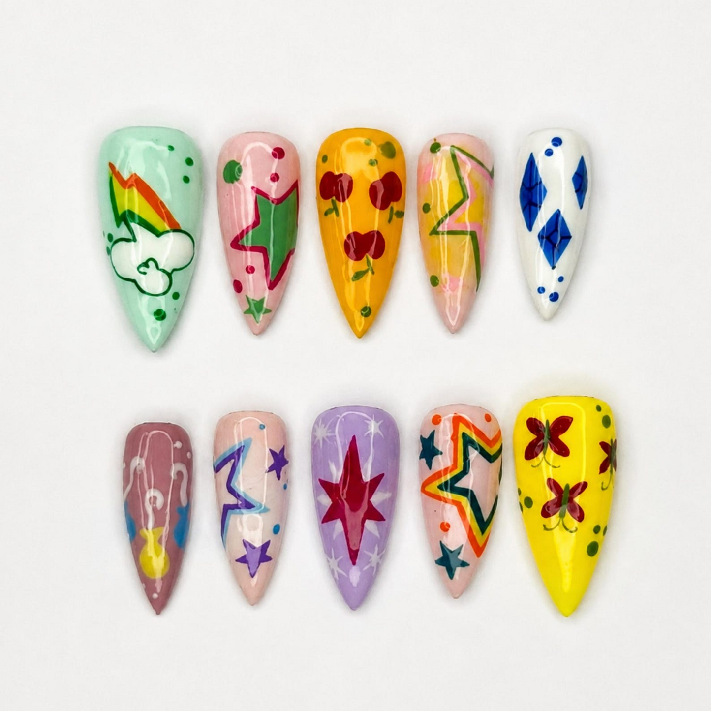 Colorful Press On Nails with Retro Star Art , Whimsical Hand Painted Nails , Funky Statement Nails for Trendy Gift | OB527WC