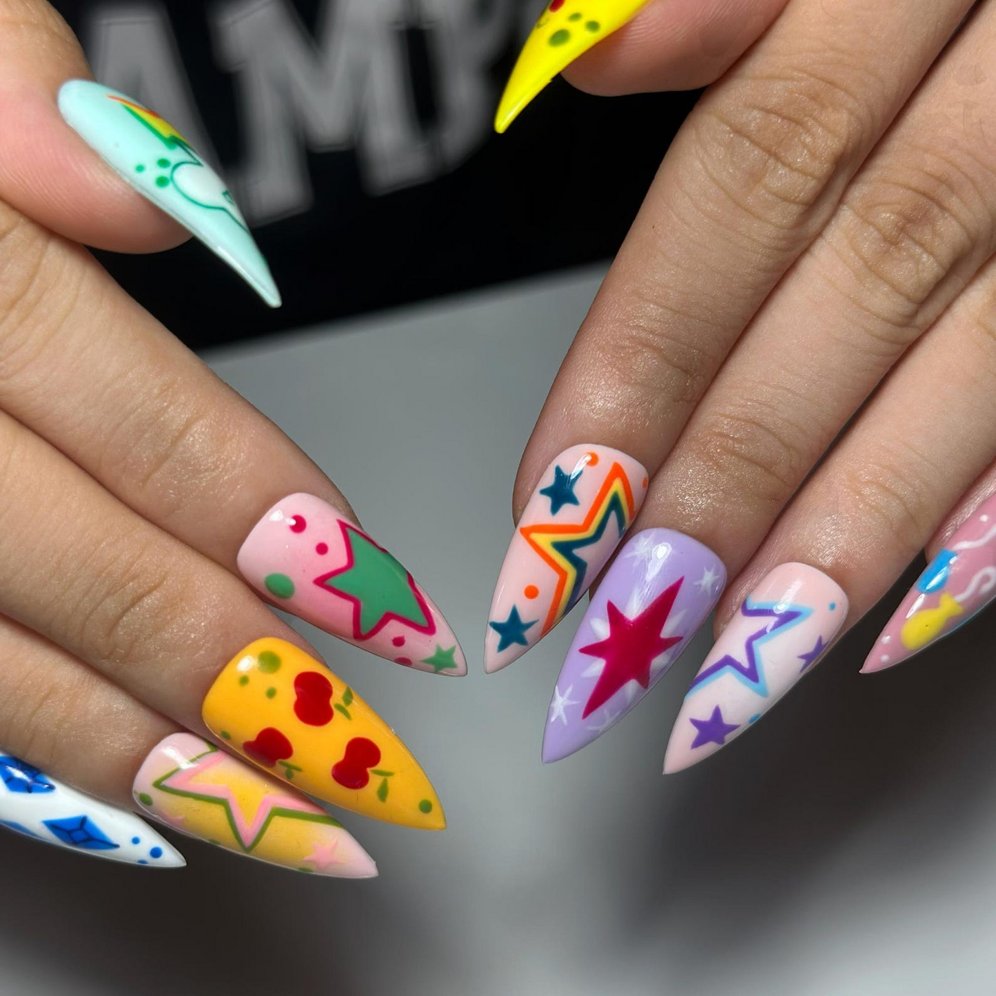 Colorful Press On Nails with Retro Star Art , Whimsical Hand Painted Nails , Funky Statement Nails for Trendy Gift | OB527WC