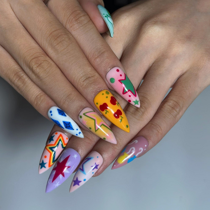Colorful Press On Nails with Retro Star Art , Whimsical Hand Painted Nails , Funky Statement Nails for Trendy Gift | OB527WC