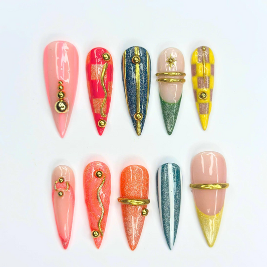 Colorful Stiletto Press On Nails with Gold Charms | Glitter French Tip Nails | Bright Statement Nail Art for Birthday, Vacation | OB498UC