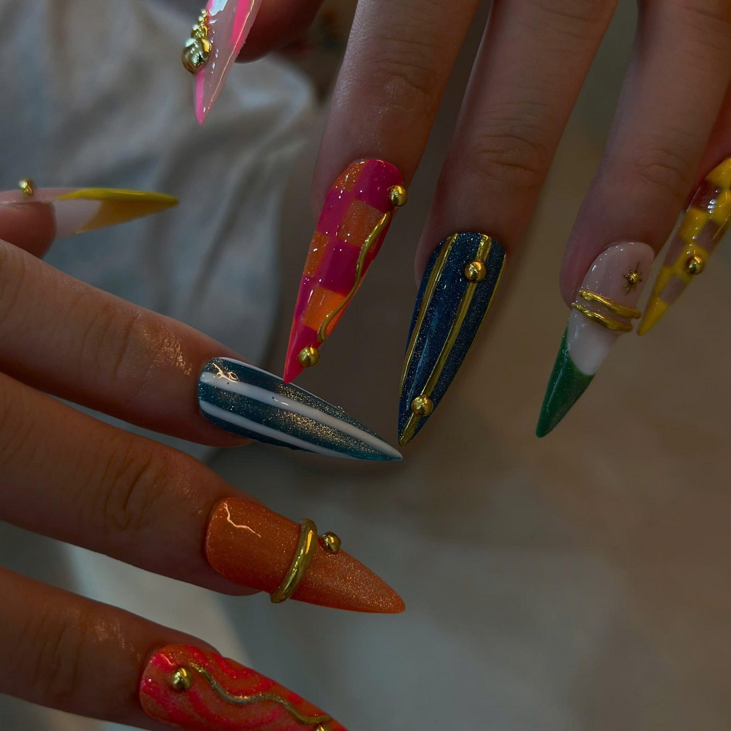 Colorful Stiletto Press On Nails with Gold Charms | Glitter French Tip Nails | Bright Statement Nail Art for Birthday, Vacation | OB498UC