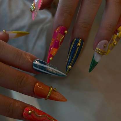 Colorful Stiletto Press On Nails with Gold Charms | Glitter French Tip Nails | Bright Statement Nail Art for Birthday, Vacation | OB498UC
