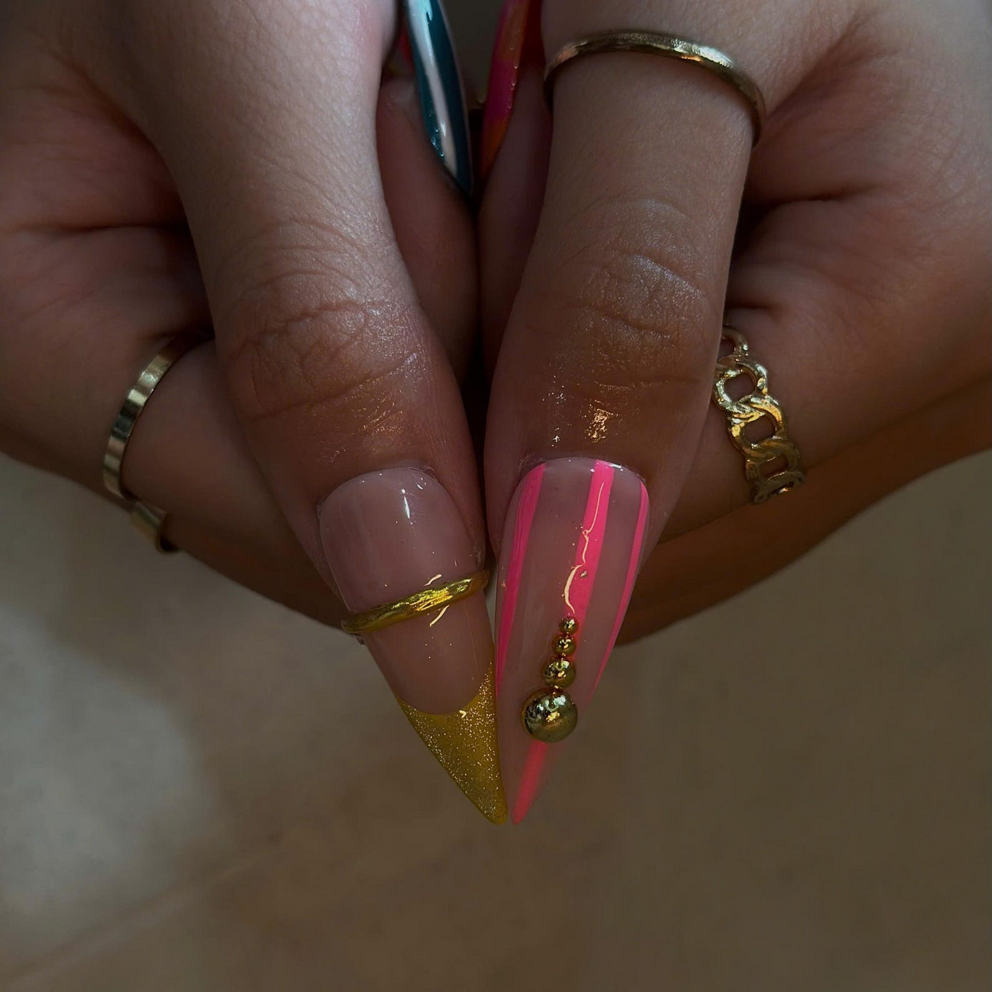 Colorful Stiletto Press On Nails with Gold Charms | Glitter French Tip Nails | Bright Statement Nail Art for Birthday, Vacation | OB498UC