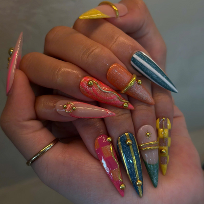 Colorful Stiletto Press On Nails with Gold Charms | Glitter French Tip Nails | Bright Statement Nail Art for Birthday, Vacation | OB498UC