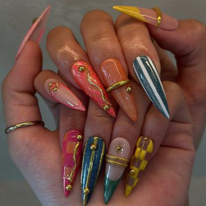 Colorful Stiletto Press On Nails with Gold Charms | Glitter French Tip Nails | Bright Statement Nail Art for Birthday, Vacation | OB498UC