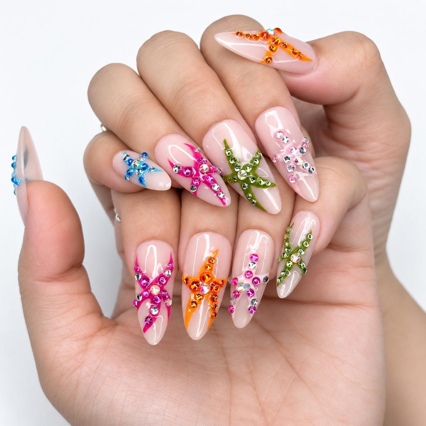 Colorful Starfish Press On Nails | Tropical Mermaid Nails | Beach Vacation Nail Set | OB448J