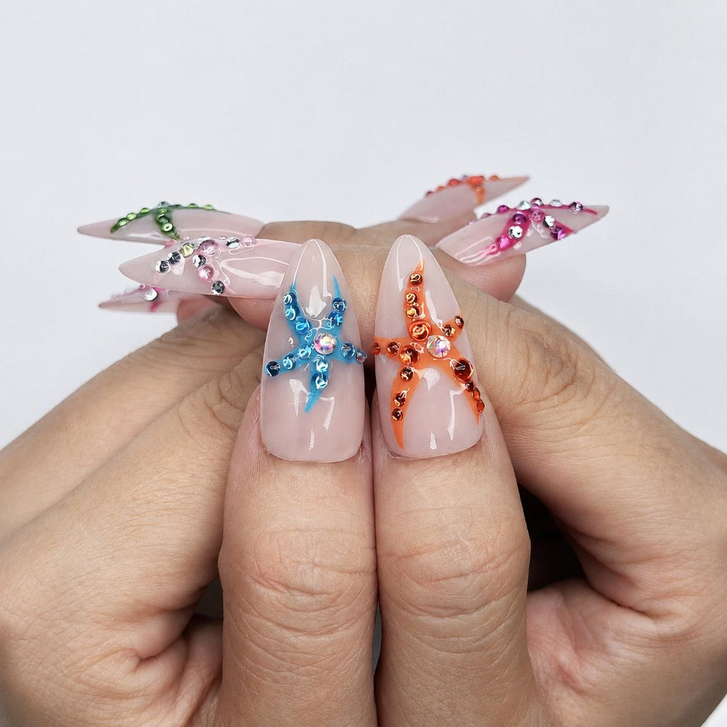Colorful Starfish Press On Nails | Tropical Mermaid Nails | Beach Vacation Nail Set | OB448J
