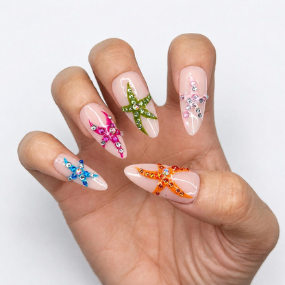 Colorful Starfish Press On Nails | Tropical Mermaid Nails | Beach Vacation Nail Set | OB448J