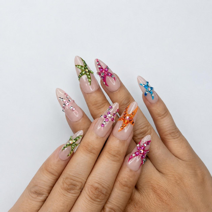 Colorful Starfish Press On Nails | Tropical Mermaid Nails | Beach Vacation Nail Set | OB448J