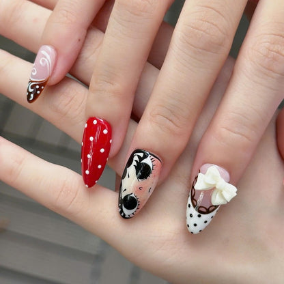 Coquette Press On Nails with Teddy Bear & Ribbon | 3D Vintage Fake Nails in Almond Shape | Handmade Cute Nails for Date, Everyday | OB472UC
