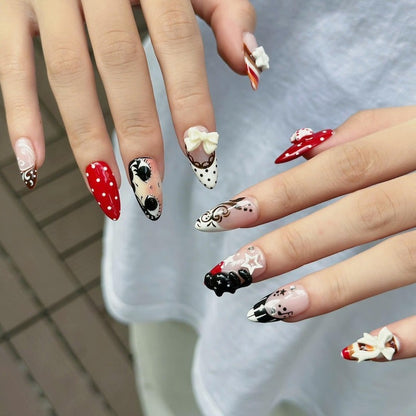 Coquette Press On Nails with Teddy Bear & Ribbon | 3D Vintage Fake Nails in Almond Shape | Handmade Cute Nails for Date, Everyday | OB472UC