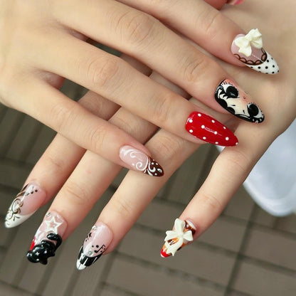 Coquette Press On Nails with Teddy Bear & Ribbon | 3D Vintage Fake Nails in Almond Shape | Handmade Cute Nails for Date, Everyday | OB472UC