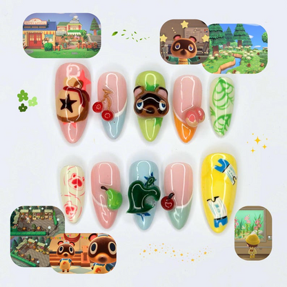 Cozy Game Press On Nails with Cute Animal Charms | Pastel Island Life Almond Nails | Kawaii Gamer Nail Art for Gaming Lover Gift | OB500UC