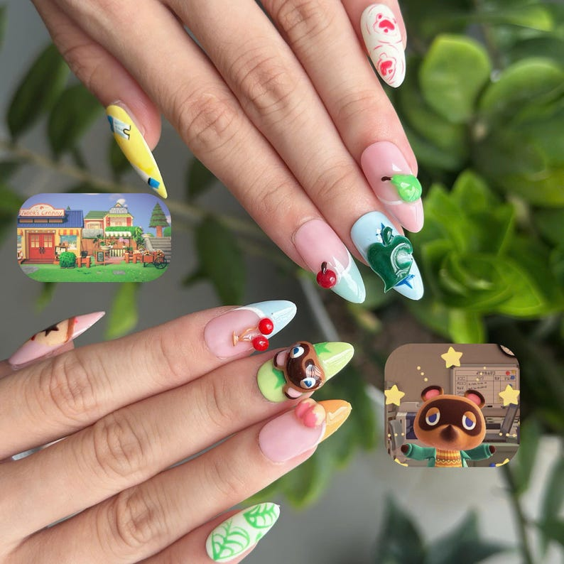 Cozy Game Press On Nails with Cute Animal Charms | Pastel Island Life Almond Nails | Kawaii Gamer Nail Art for Gaming Lover Gift | OB500UC