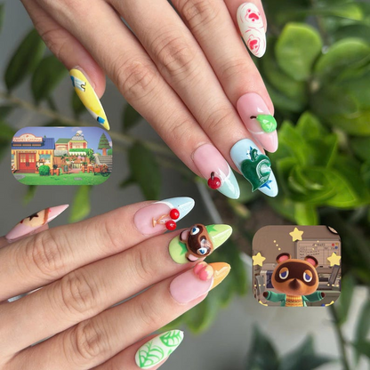 Cozy Game Press On Nails with Cute Animal Charms | Pastel Island Life Almond Nails | Kawaii Gamer Nail Art for Gaming Lover Gift | OB500UC