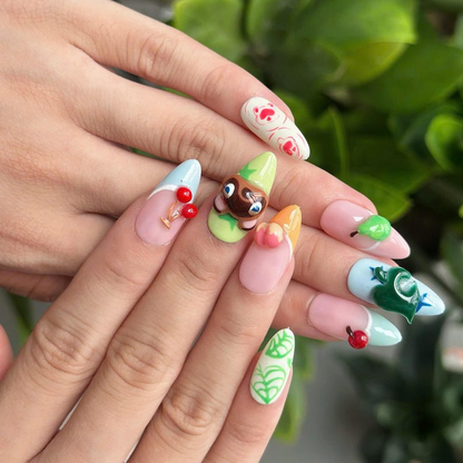 Cozy Game Press On Nails with Cute Animal Charms | Pastel Island Life Almond Nails | Kawaii Gamer Nail Art for Gaming Lover Gift | OB500UC