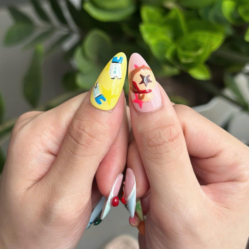 Cozy Game Press On Nails with Cute Animal Charms | Pastel Island Life Almond Nails | Kawaii Gamer Nail Art for Gaming Lover Gift | OB500UC