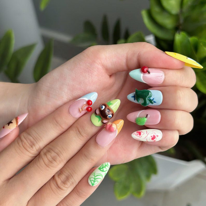 Cozy Game Press On Nails with Cute Animal Charms | Pastel Island Life Almond Nails | Kawaii Gamer Nail Art for Gaming Lover Gift | OB500UC