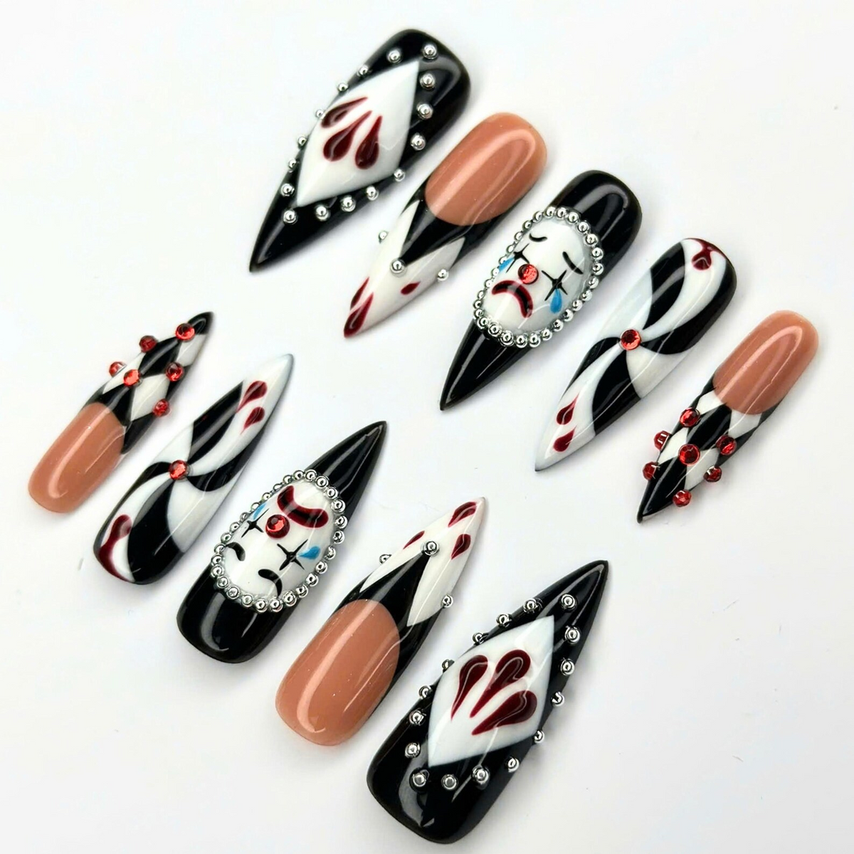 Creepy Clown Press On Nails | Dark Circus Jester Nail Art | Black White Red Harlequin Nails | Rhinestone Handmade Press Ons | OB689UC