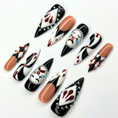 Creepy Clown Press On Nails | Dark Circus Jester Nail Art | Black White Red Harlequin Nails | Rhinestone Handmade Press Ons | OB689UC