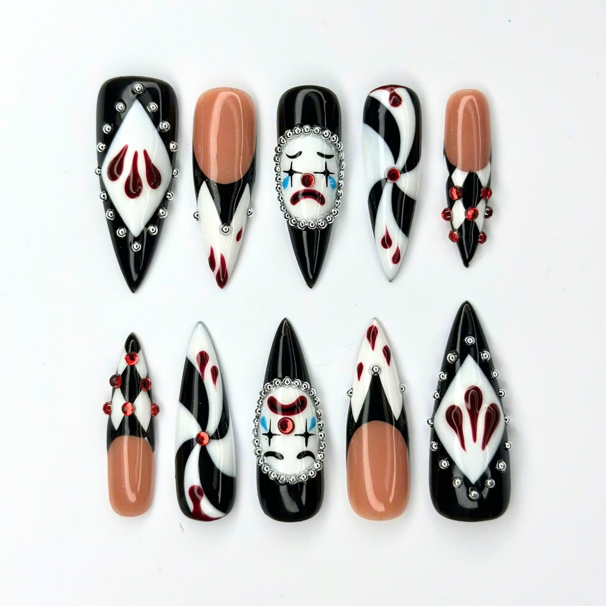 Creepy Clown Press On Nails | Dark Circus Jester Nail Art | Black White Red Harlequin Nails | Rhinestone Handmade Press Ons | OB689UC