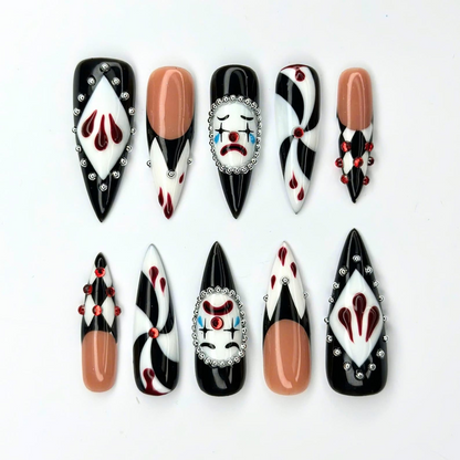 Creepy Clown Press On Nails | Dark Circus Jester Nail Art | Black White Red Harlequin Nails | Rhinestone Handmade Press Ons | OB689UC