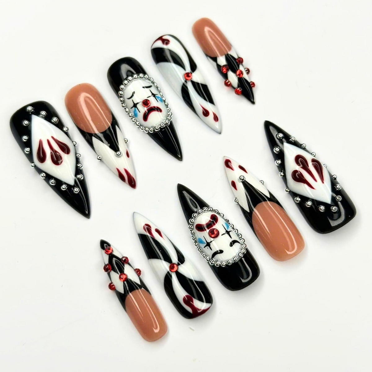 Creepy Clown Press On Nails | Dark Circus Jester Nail Art | Black White Red Harlequin Nails | Rhinestone Handmade Press Ons | OB689UC