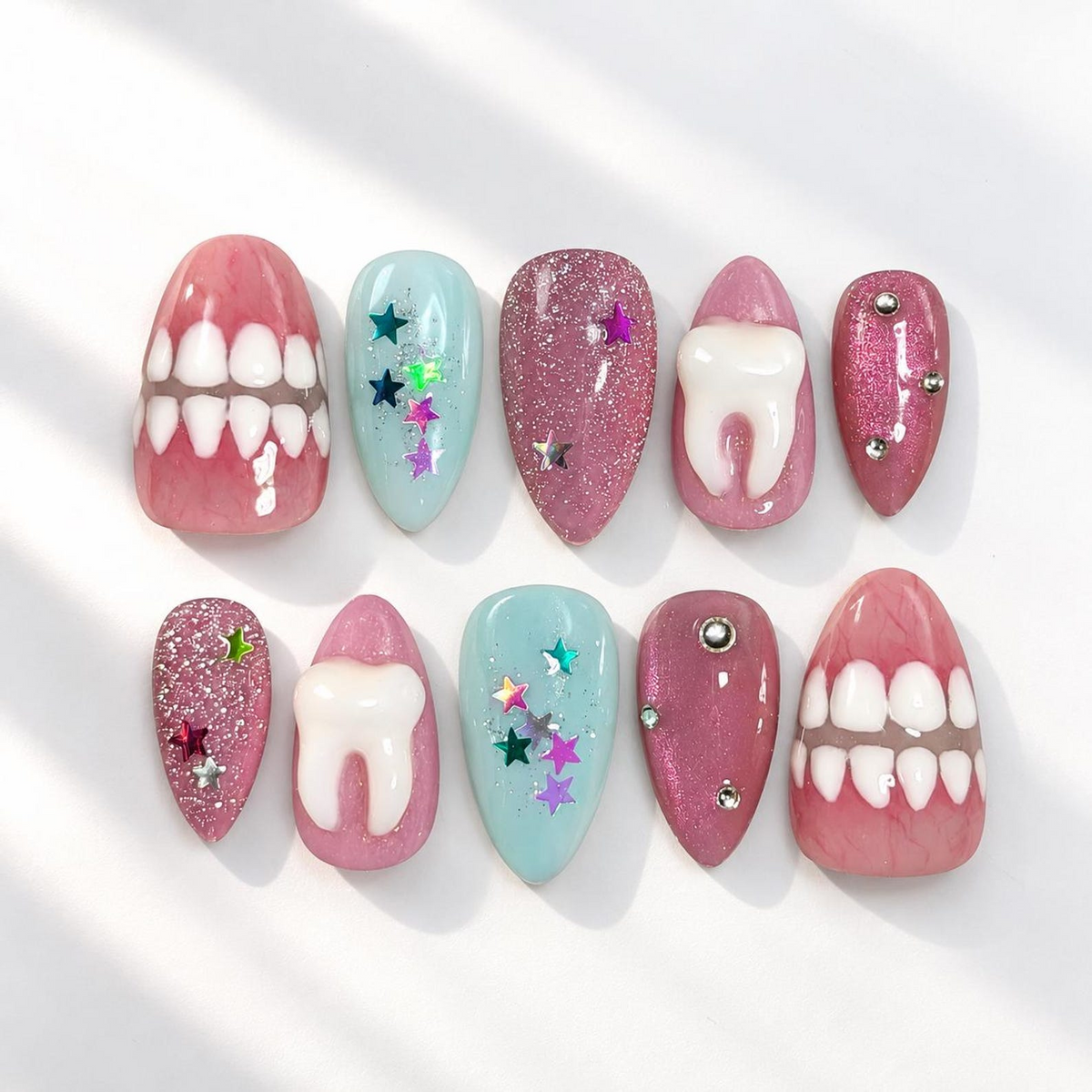 Creepy Cute Press On Nails | Y2K Pink Gums and 3D Tooth Nail Art | Pastel Horror Glitter Stars | Kawaii Gothic Almond Nails | OB721U