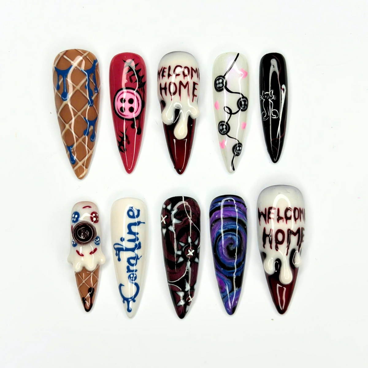 Creepy Cute Press On Nails with Button Eye Art | Dark Fantasy 3D Design | Spooky Halloween Statement Nails | OB536UC