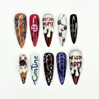 Creepy Cute Press On Nails with Button Eye Art | Dark Fantasy 3D Design | Spooky Halloween Statement Nails | OB536UC