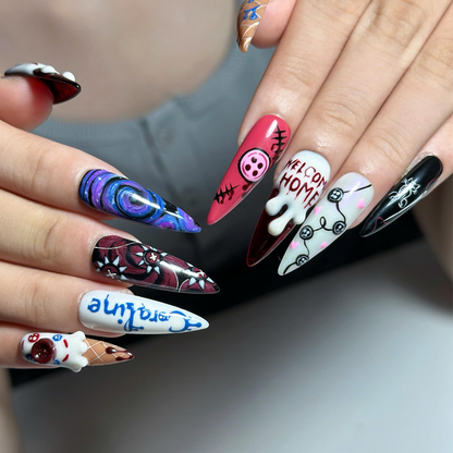Creepy Cute Press On Nails with Button Eye Art | Dark Fantasy 3D Design | Spooky Halloween Statement Nails | OB536UC